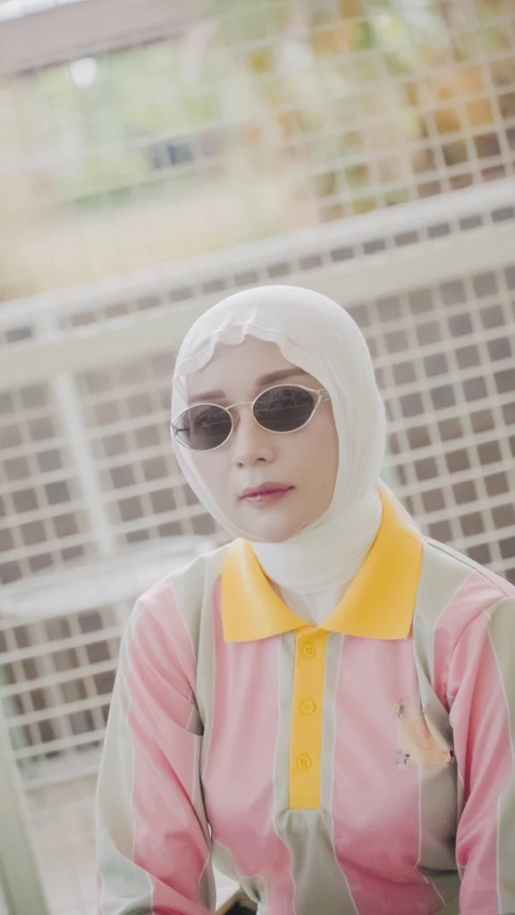 wanita berpose menghadap kamera di latar belakang jaring, pakaian santai padel, topi, dan tas tenis.