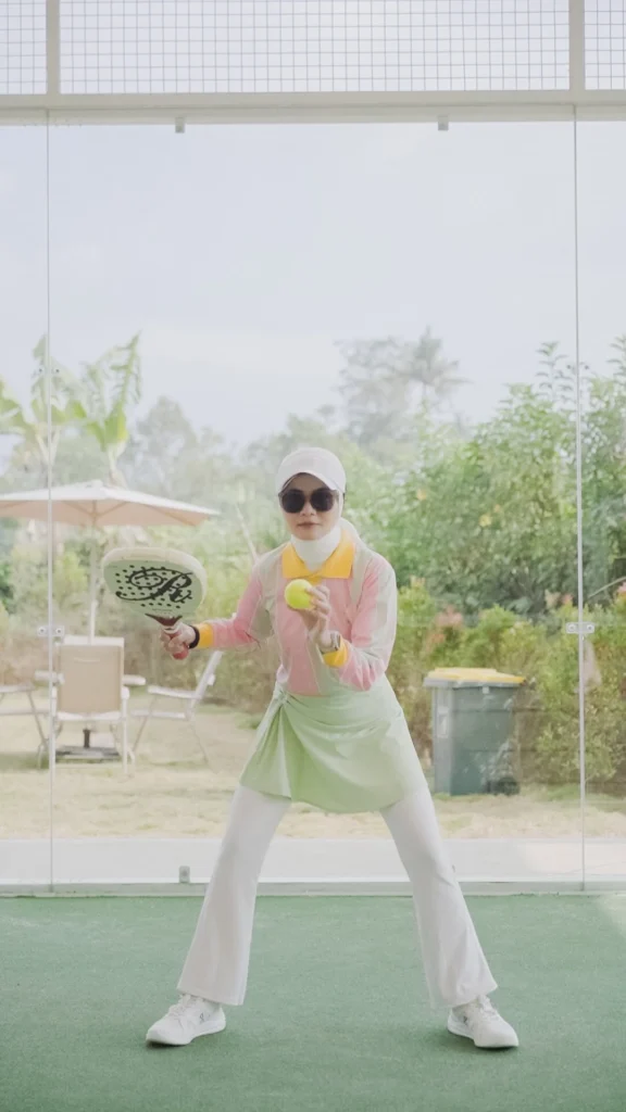 wanita bermain padel berpose dengan raket padel, pakaian modern, latar belakang taman.