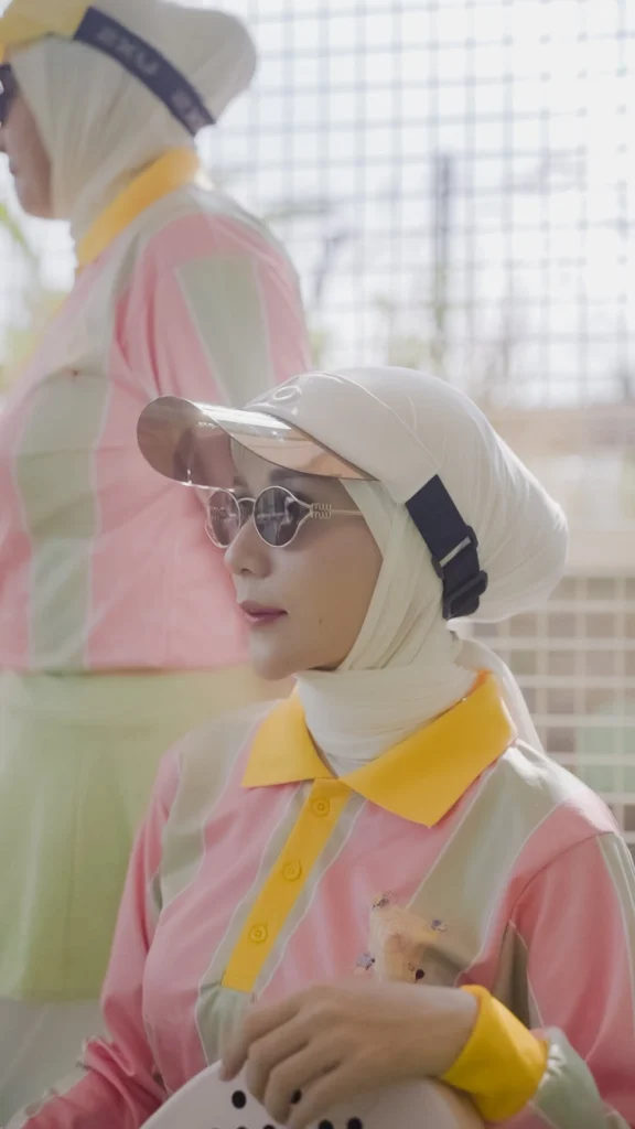 wanita stylish berpose sebelum bermain padel